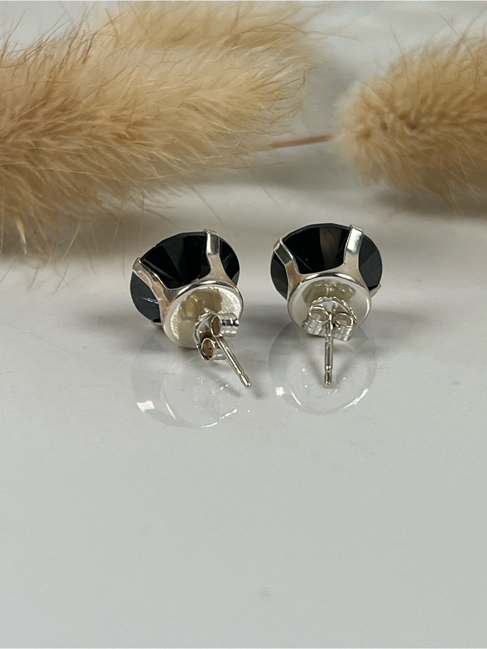 Solid Sterling Silver Black Tourmaline Gemstone Stud Earrings Push Back - Picture 3 of 5